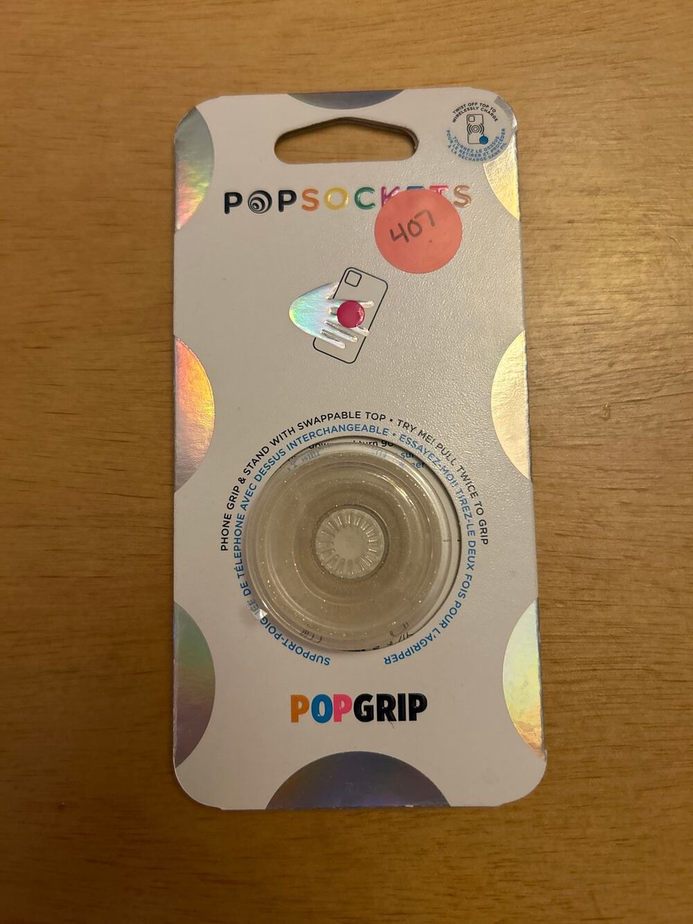 #407 New Popsockets Swappable Top Phone Grip & Stand Clear with Silver Glitter